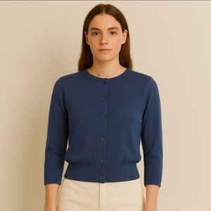 WoolOvers 3/4 Sleeve Crop Cardi Sweater Cropped Sz M NEW French Navy Blue